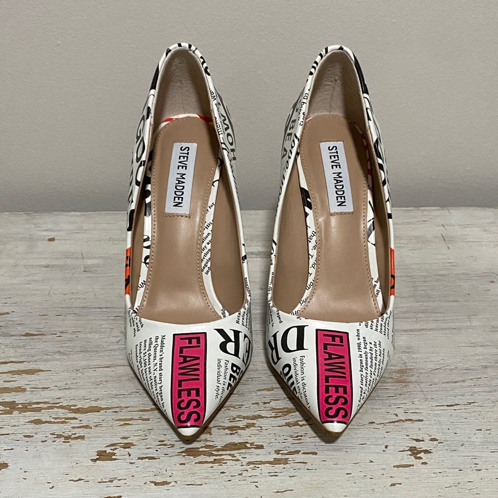 Steve Madden Newspaper Print Heels - White, Pink, and Red